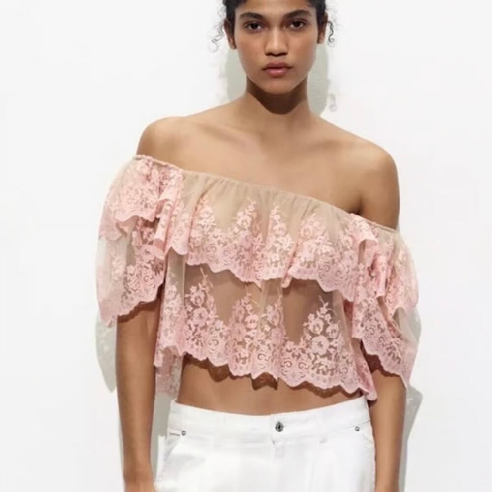 NWT Zara Embroidered Ruffled Lace Crop Top - Blush Pink + Beige - Size M